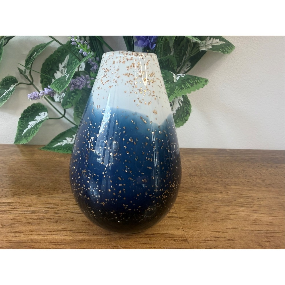 Vintage Blue Art Glass Vase Gold‎ Fleck Speckled Studio Style Decor MCM Decor